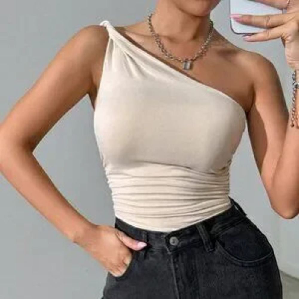 Apricot Casual Women's Solid Color Asymmetrical Neck Knotted Pleated Bodysuit